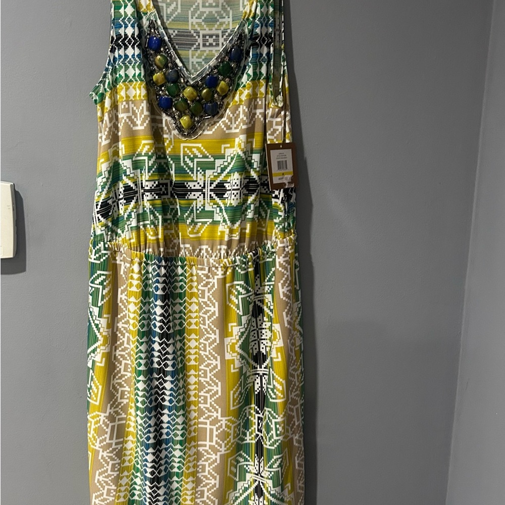 Ellen Tracy Green and Yellow Geometric Maxi Dress